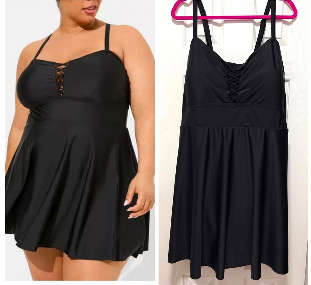 Torrid 6 (6X 30) Black Wireless Long Length Swim Tank Dress w/Built in Briefs